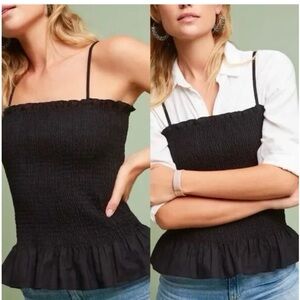 ANTHROPOLOGIE MAEVE BLACK SPAGHETTI STRAP SMOCKED PEPLUM TOP SIZE MEDIUM